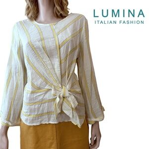 Lumina Made in Italy Linen Blouse Top Shirt Bow Tie Front Yellow Stripe NWOT